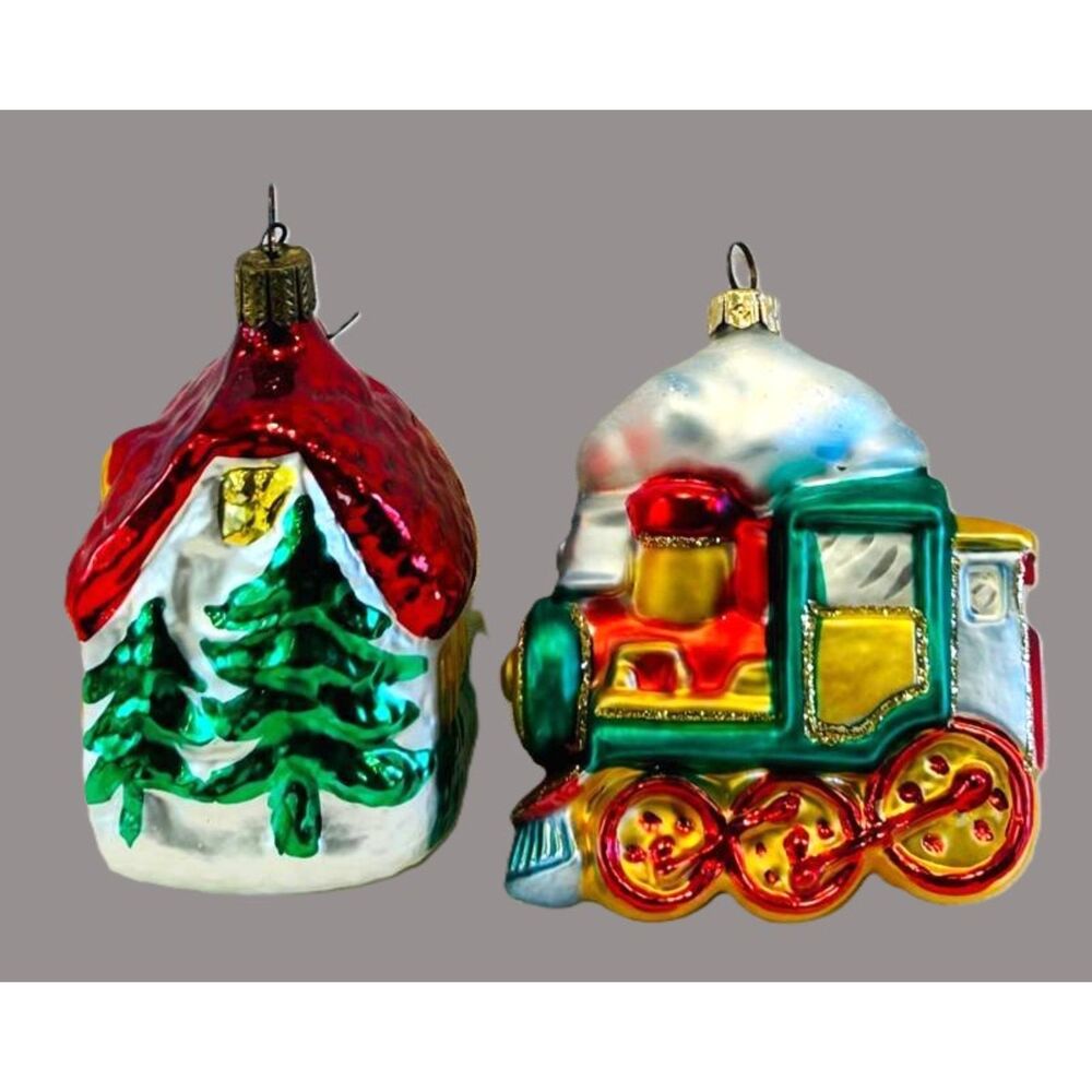 Vintage Christmas Ornaments European glass Train and House set of 2